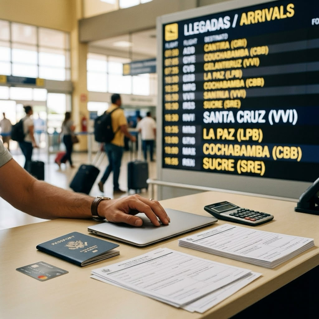 Social image: A traveler arriving at Santa Cruz airport with departure boards and onward routes to other Bolivian cities visible in the background.