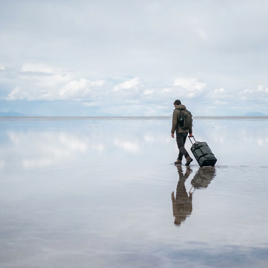 Social image: A wide view of the Salar de Uyuni in the rainy season, with a thin sheet of water reflecting the sky so the horizon almost disappears in soft, clear light.