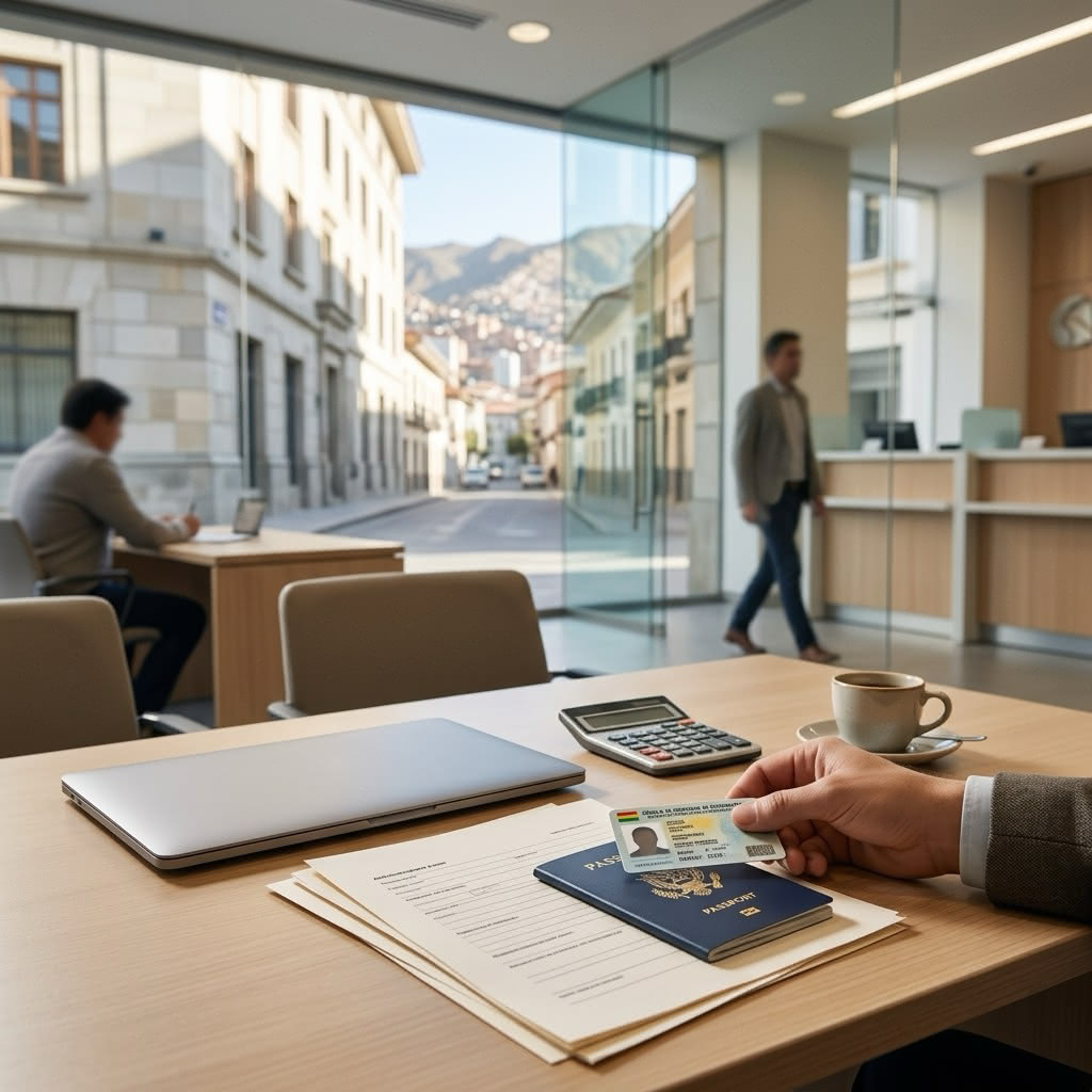 Social image: A bright, modern bank street scene in central La Paz, with clean stone facades, large glass windows, orderly sidewalks, and crisp morning light against the mountain city backdrop.