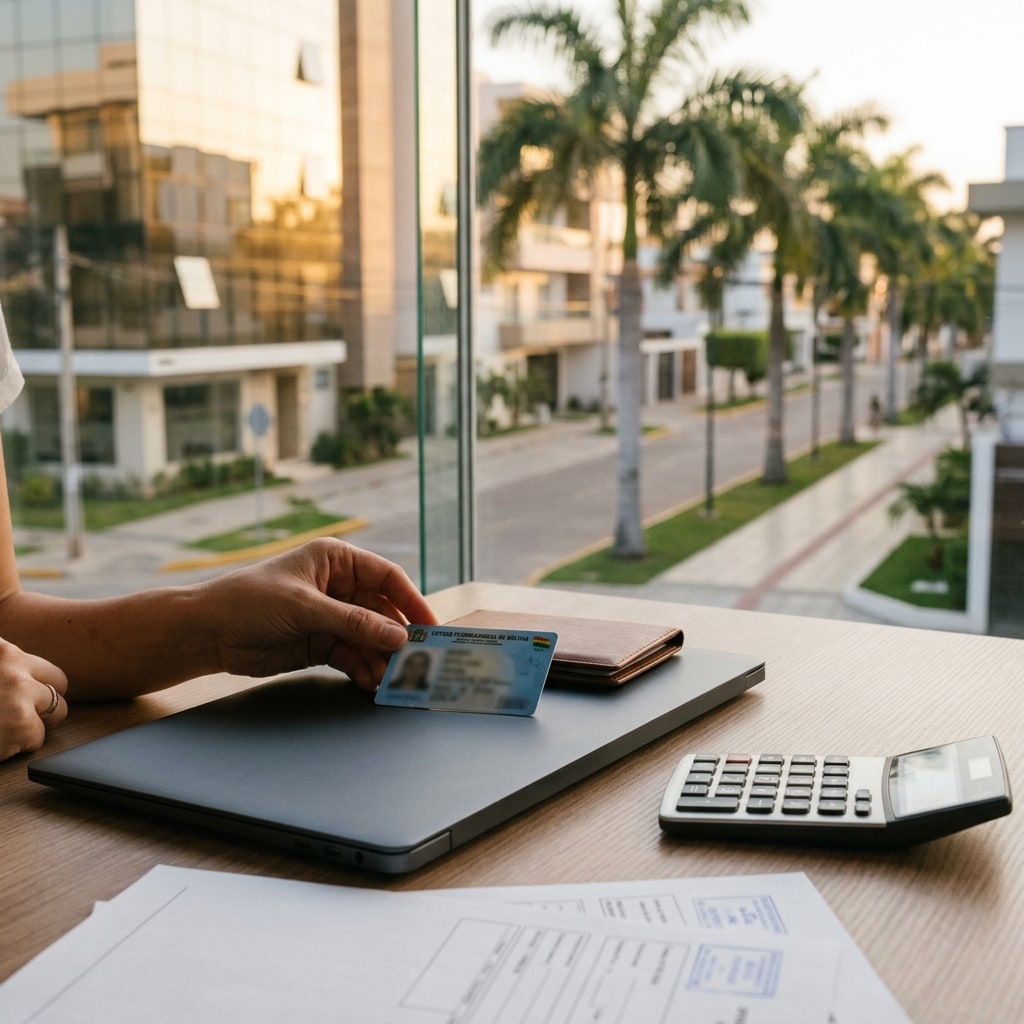 Social image: Golden hour view of a clean, upscale Santa Cruz street with modern low-rise buildings, tidy sidewalks, palm trees, and warm evening light reflecting off glass facades.