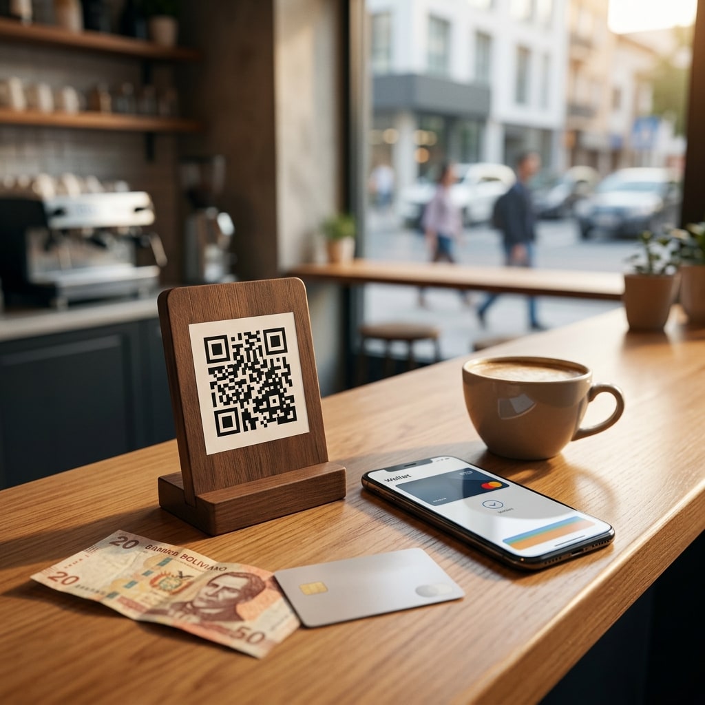 Social image: A clean cafe counter in Santa Cruz with a small tabletop QR payment stand in sharp focus, warm afternoon light, polished wood, and a softly blurred modern street scene beyond the window.