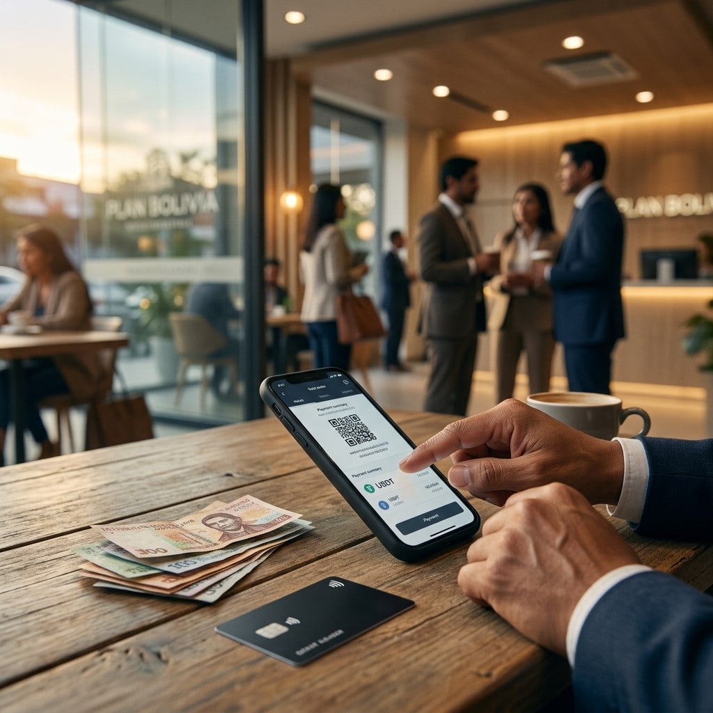 Social image: A polished Bolivian bank branch entrance at golden hour with a clean glass facade, warm interior light, and a smartphone on a nearby cafe table showing an out-of-focus crypto wallet screen with no readable text.