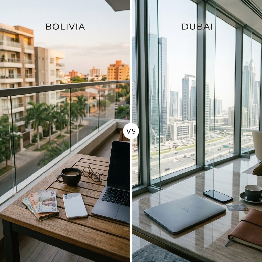 Social image: A polished Santa Cruz apartment balcony at golden hour with a closed laptop and blank phone beside coffee, overlooking well-kept modern buildings and palm-lined streets.