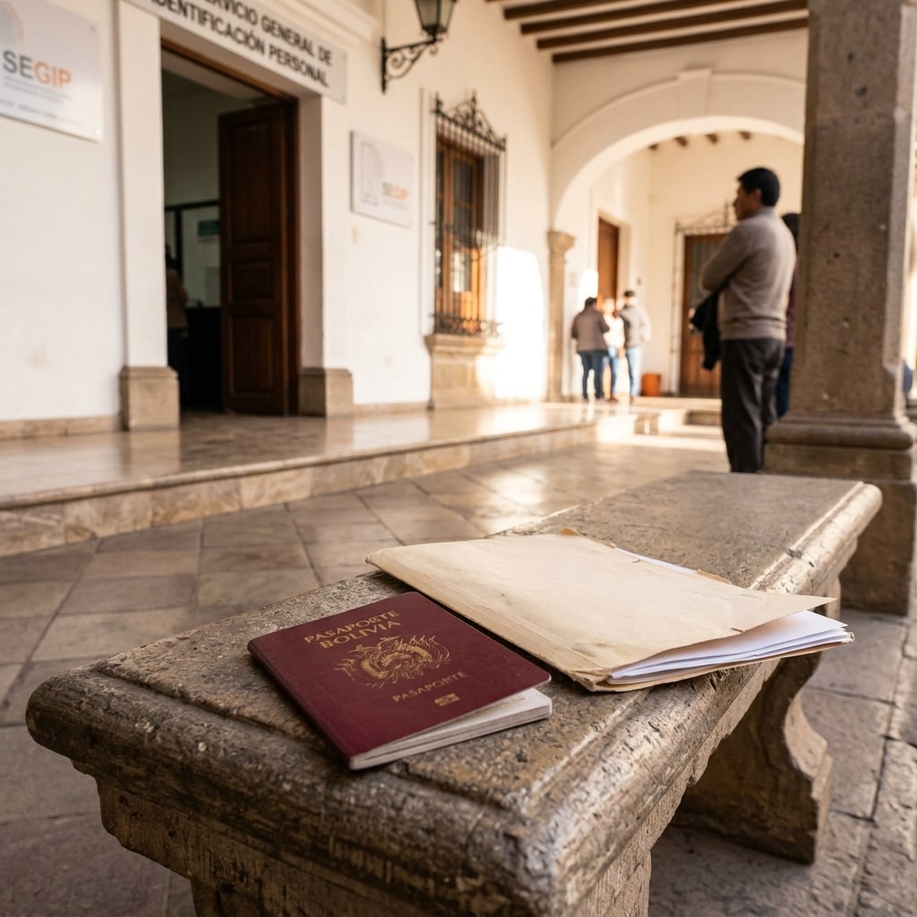 Social image: A clean colonial-style civic building entrance in Bolivia in warm morning light, with polished stone steps and a closed passport holder resting on a well-kept stone bench in the foreground with no visible text.