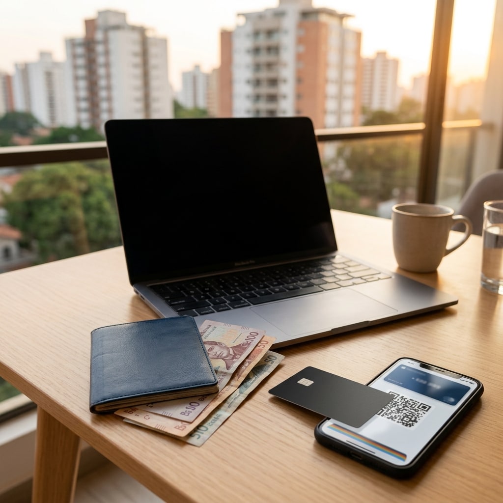 Social image: A bright modern Santa Cruz apartment balcony at golden hour with a closed laptop and a blank passport cover on a clean table, with well-kept buildings softly out of focus.