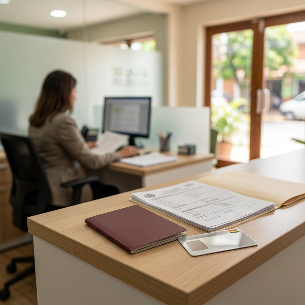 Social image: A bright, well-kept relocation office reception in Santa Cruz with a blank folder and closed passport on a polished counter, warm sunlight through glass doors.