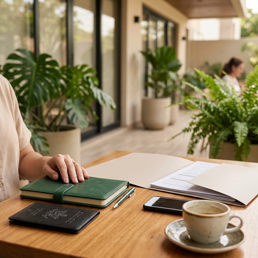 Social image: A sunlit Santa Cruz cafe terrace with a closed blank document folder, a passport cover, and a pen on a polished wooden table beside well-kept tropical plants and modern glass doors.