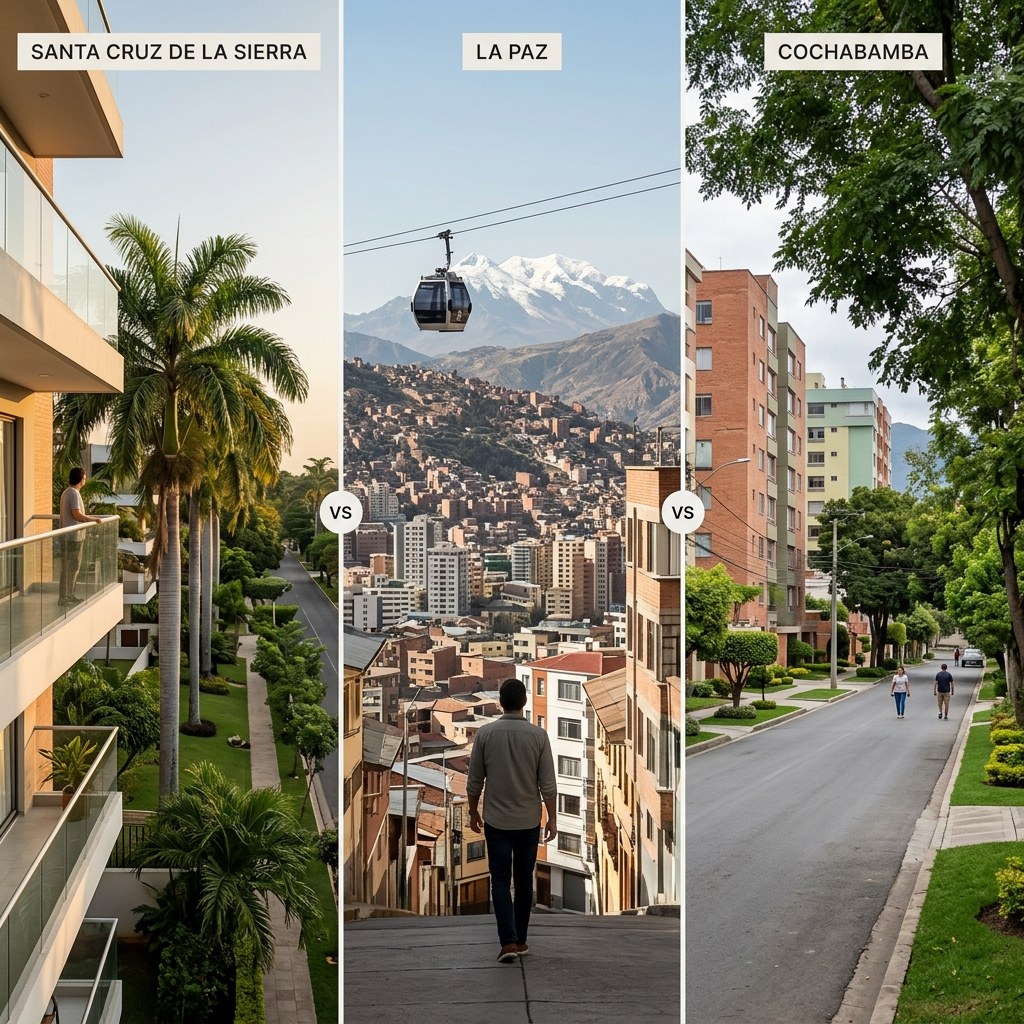 Social image: A sunlit furnished apartment balcony with coffee, keys, and three blank postcards on a table, overlooking a well-kept residential avenue with soft mountain light in the distance.