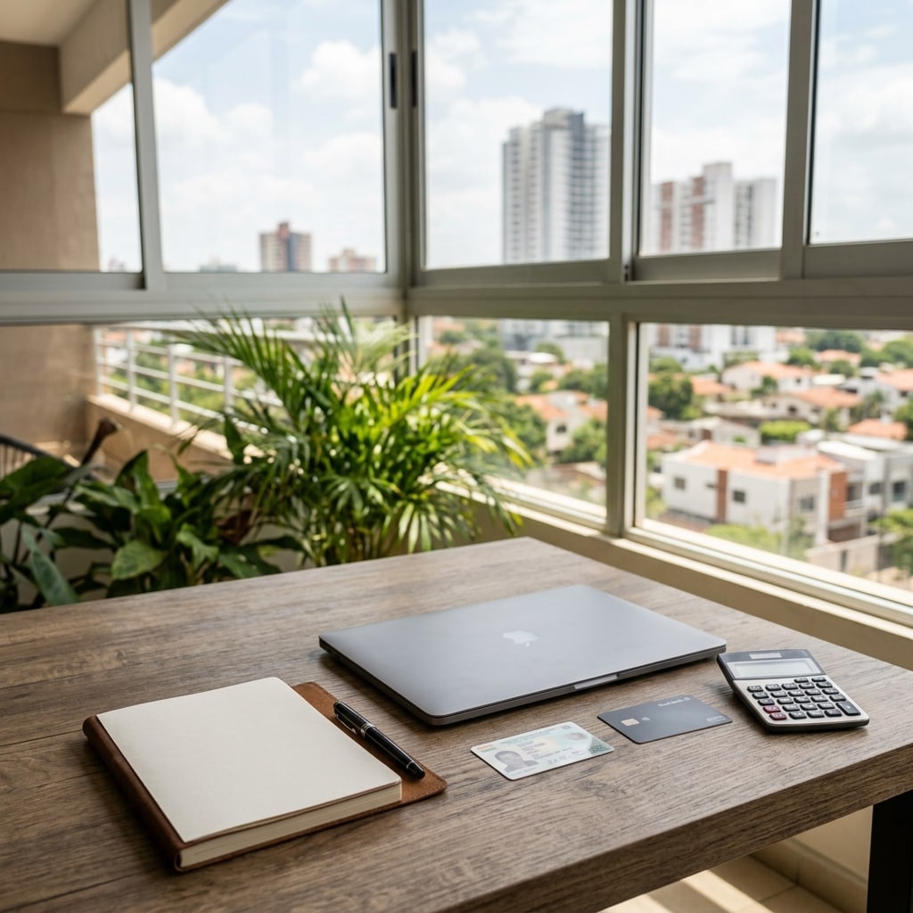 Social image: A sunlit balcony table in a modern Santa Cruz apartment with a closed laptop, a blank notebook, a bank card face down, and green city foliage beyond.
