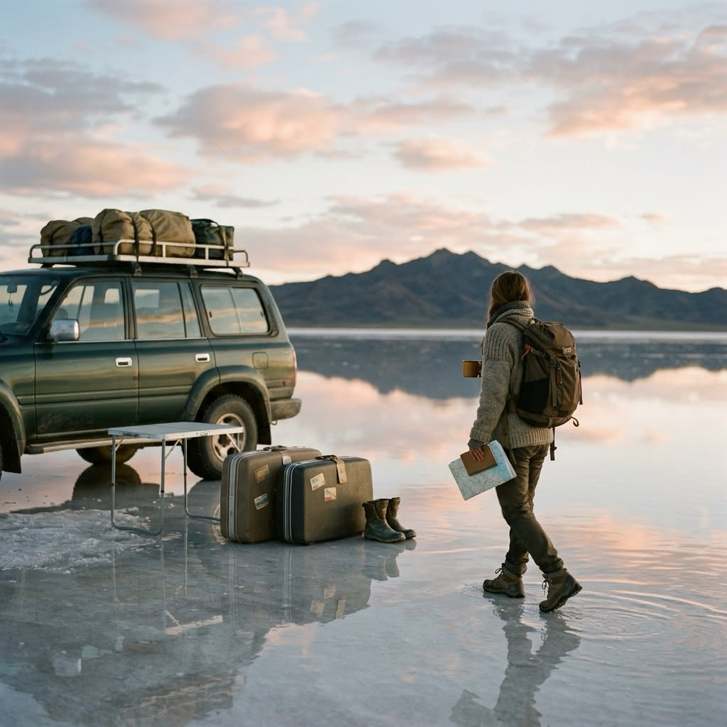 Social image: Sunrise over the Salar de Uyuni during rainy season, with a thin layer of water reflecting pastel clouds and distant mountains.