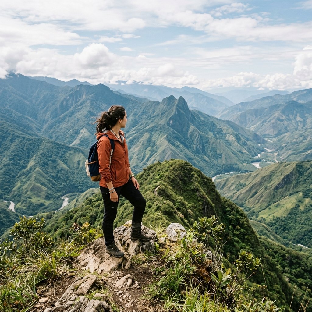 a lady standing atop the green mountains of codo de los andes
