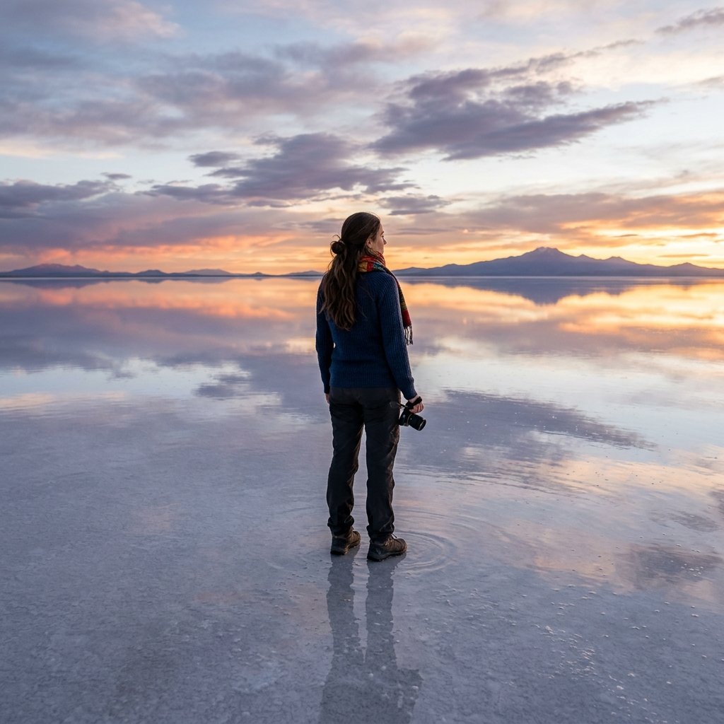 a lady stood on the endless salt flats in uyuni