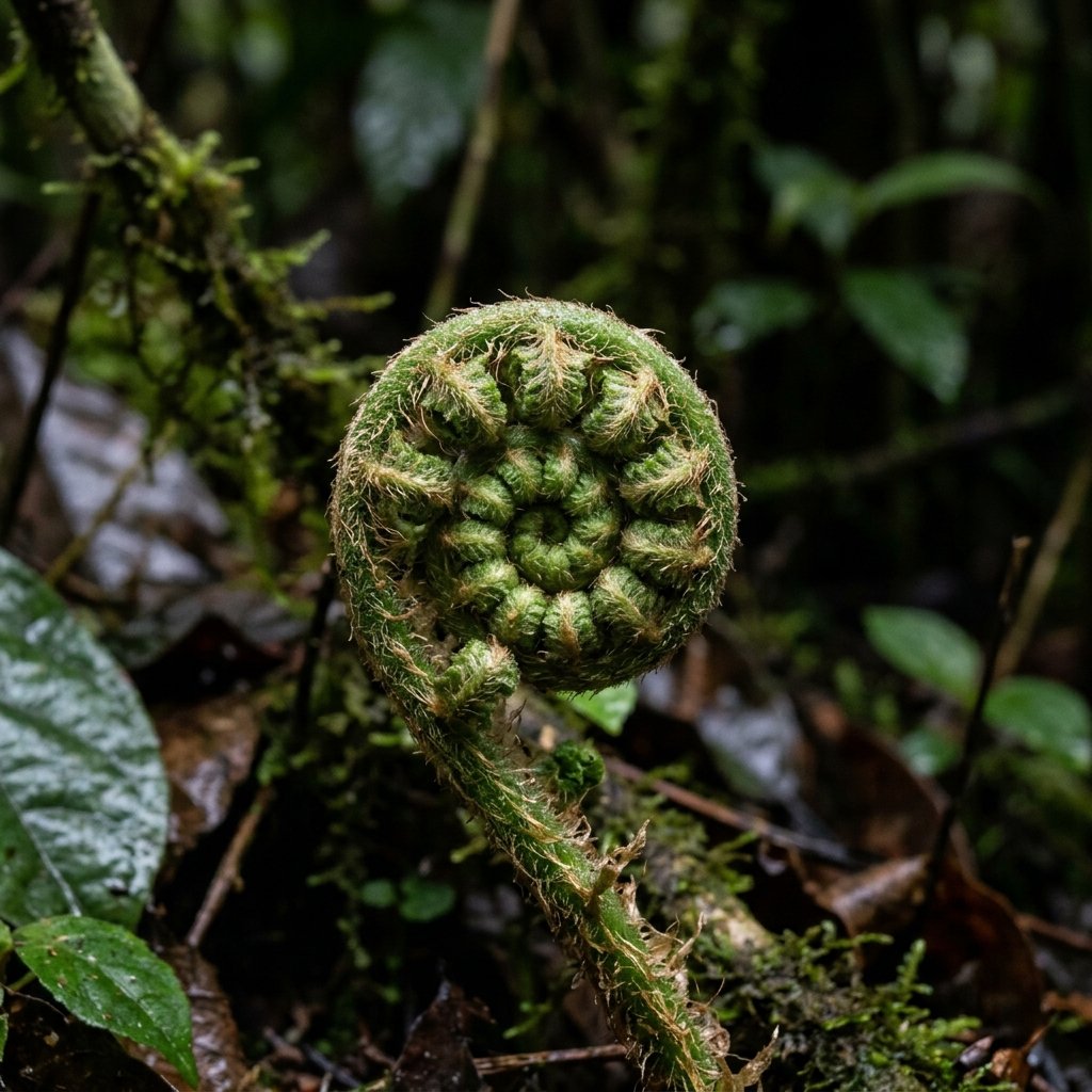 a macro shot of a green, fuzzy fiddlehead fern frond tightly coiled in a spiral against a dark background.