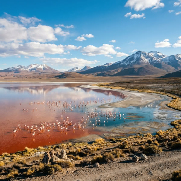 Colorful high-altitude lagoon with flamingos in Bolivia