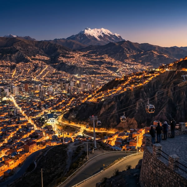 La Paz city lights climbing the mountains at dusk