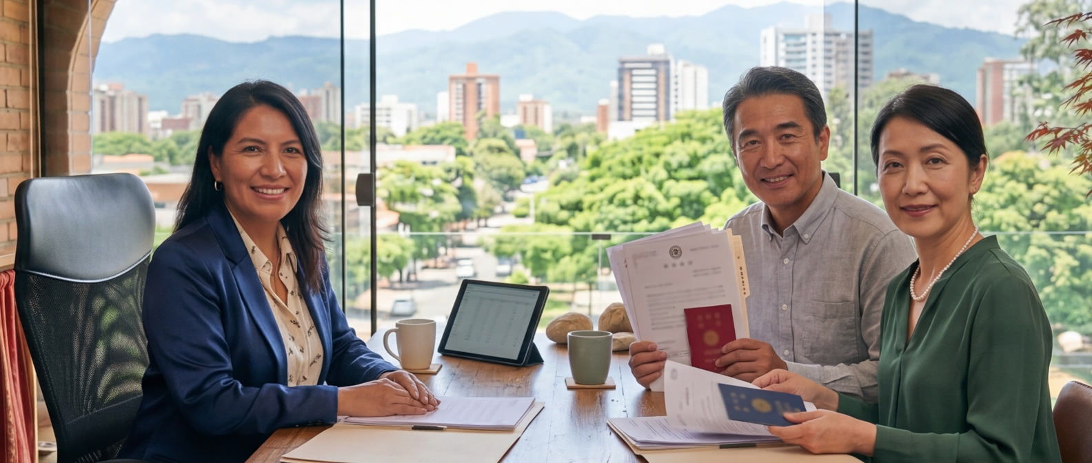PlanBolivia consultant meeting with clients at a table, reviewing documents in a office with a city view