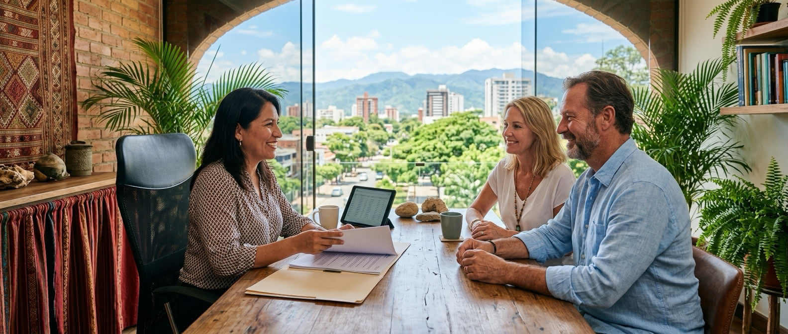 PlanBolivia consultant meeting with clients at a table, reviewing documents in a bright office with a city view