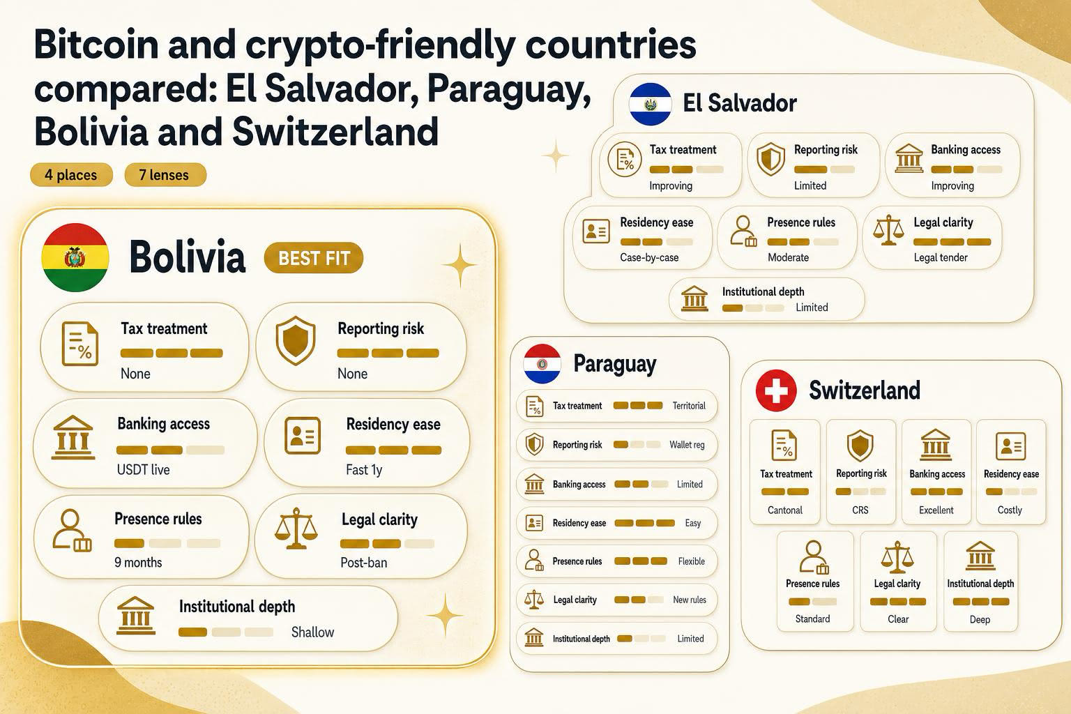 Infographic for Bitcoin and crypto-friendly countries compared: El Salvador, Paraguay, Bolivia and Switzerland